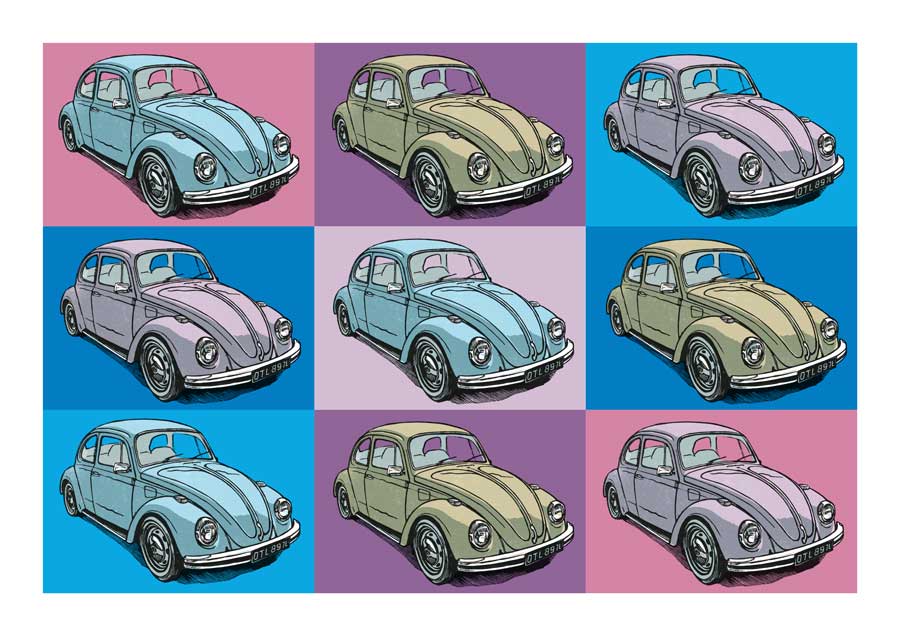 Pop-art style illustration of VW Beetles